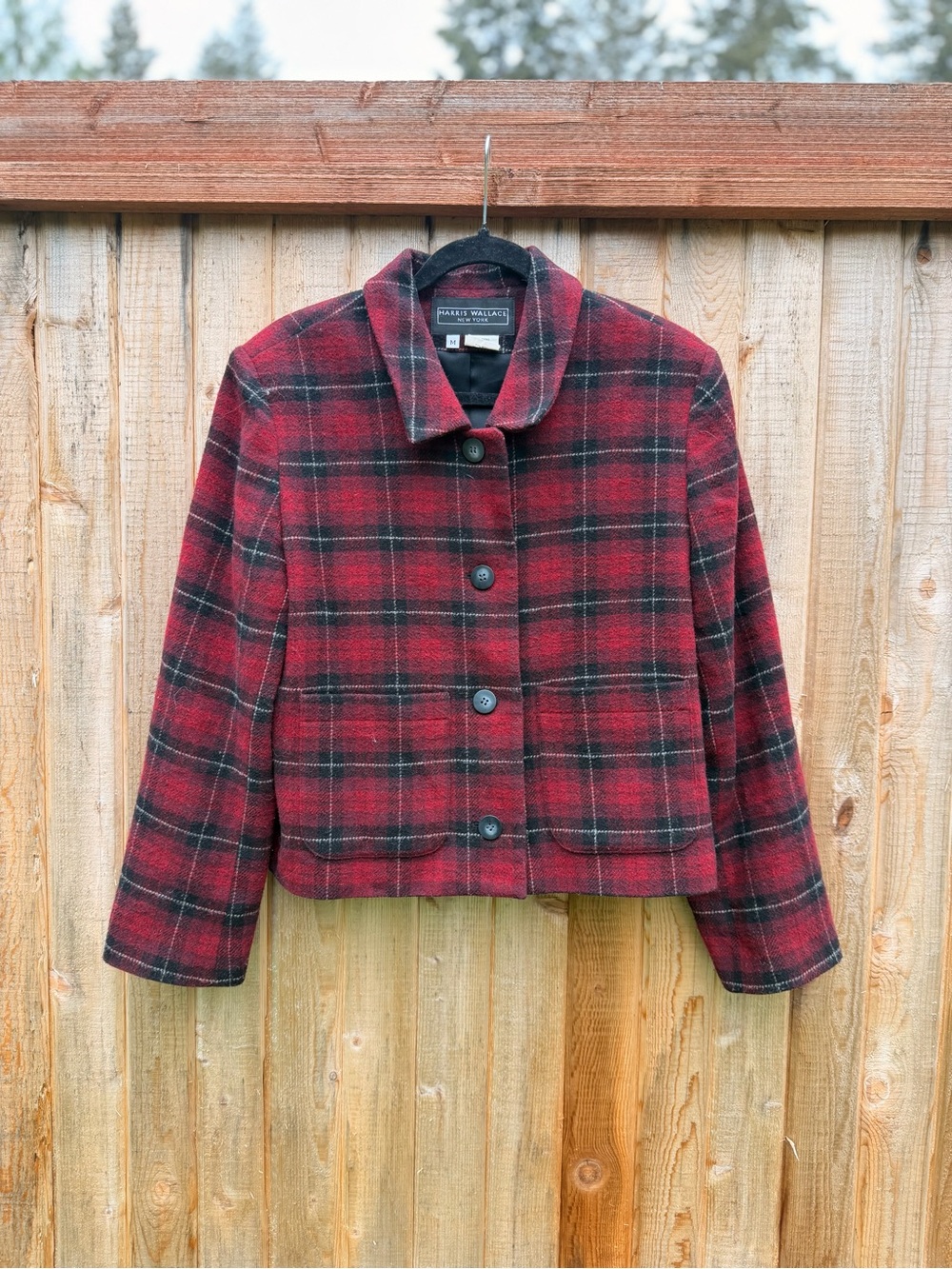VINTAGE Harris Wallace Red Plaid Wool-Blend Cropped Jacket